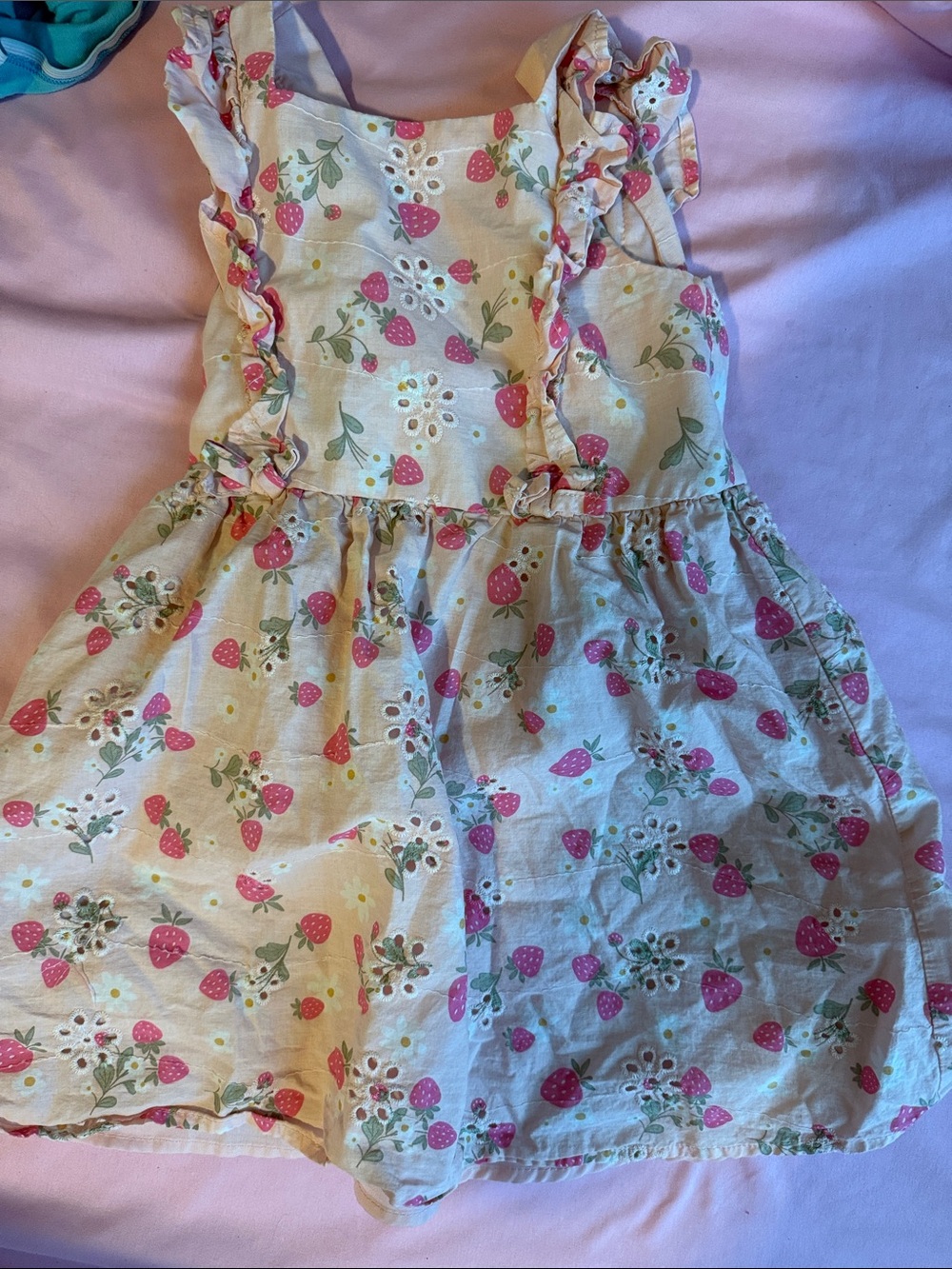 Little Lass Cream Dress with Pink Strawberry Print and Green Leaves